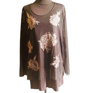 LOGO Lavish Women's Plus Size Laced Embroidered Mesh Sheered Blouse Size 1X